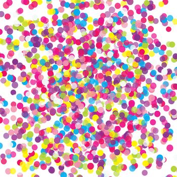 Multicolored paper confetti on white background. Realistic holiday decorations flying. Background for holiday cards, greetings. Colorful scattered elements decoration of the celebration.