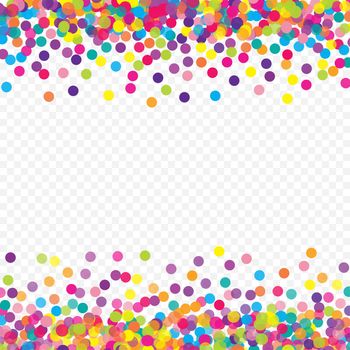 Multicolored paper confetti on transparent background. Realistic confetti flying. Colorful scattered items to holiday decorations. Background for holiday cards, greetings.