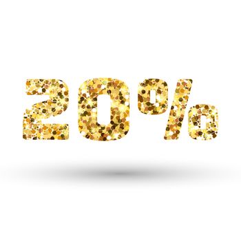 Gold 20 percent on white background. Twenty percent golden glitter. Amber particles gold confetti number.