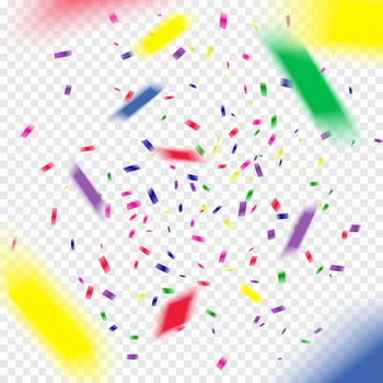 Multicolored paper 3d confetti on transparent background. Realistic holiday decorations flying. Empty space for text. Background for holiday cards, greetings. Colorful flying falling the elements of decoration of the celebration.
