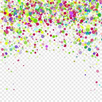 Multicolored paper confetti on transparent background. Realistic holiday decorations flying. Empty space for text. Background for holiday cards, greetings. Colorful flying falling the elements of decoration of the celebration.