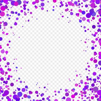 Purple paper confetti on transparent background. Realistic holiday decorations flying. Empty space for text. Background for holiday cards, greetings. Colorful flying falling the elements of decoration of the celebration.