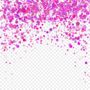 Pink paper confetti on transparent background. Realistic holiday decorations flying. Empty space for text. Background for holiday cards, greetings. Colorful flying falling the elements of decoration of the celebration.