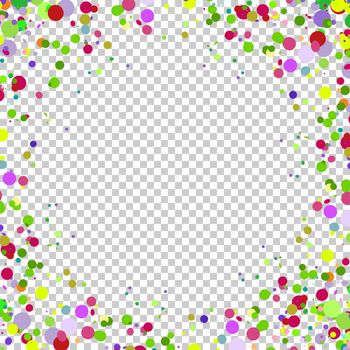Multicolored paper confetti on transparent background. Realistic holiday decorations flying. Empty space for text. Background for holiday cards, greetings. Colorful flying falling the elements of decoration of the celebration.