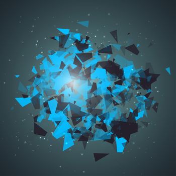 Abstract triangles particles with transparent shadows. Explosion cloud of black and blue pieces on dark space background. Advertisement panel, infographic background, item showcase concept.