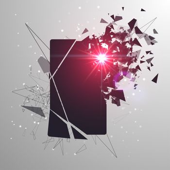 Cracked phone screen shatters into pieces. Broken smartphone split by the explosion. Modern gadget needs to be repaired. Display of the phone shattered.