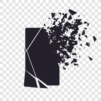 Cracked phone screen shatters into pieces. Broken smartphone split by the explosion on transparent background. Modern gadget needs to be repaired. Display of the phone shattered.