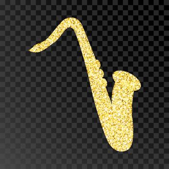 Gold glitter saxophone. Golden sparcle r saxophone on black transparent background. Amber particles gold confetti musical instruments.