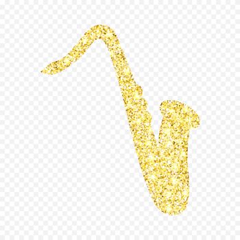 Gold glitter saxophone. Golden sparcle retro saxophone on white background. Amber particles gold confetti musical instruments.