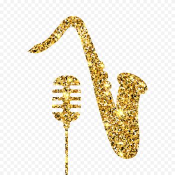 Gold glitter Old microphone and saxophone. Golden sparcle retro microphone and saxophone on transparent background. Amber particles gold confetti musical instruments.