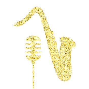 Gold glitter Old microphone and saxophone. Golden sparcle retro microphone and saxophone on white background. Amber particles gold confetti musical instruments.