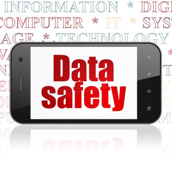 Data concept: Smartphone with  red text Data Safety on display,  Tag Cloud background, 3D rendering