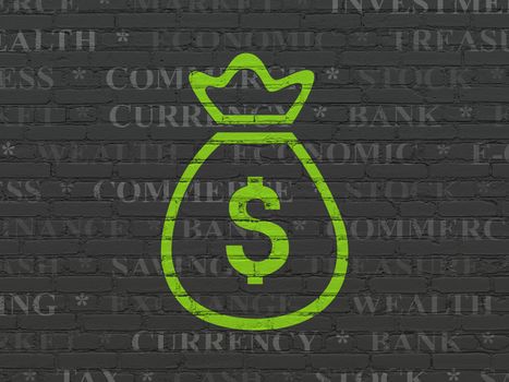 Banking concept: Painted green Money Bag icon on Black Brick wall background with  Tag Cloud