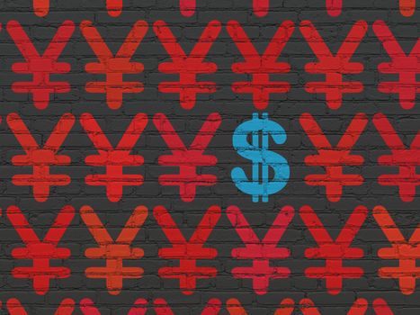 Money concept: rows of Painted red yen icons around blue dollar icon on Black Brick wall background