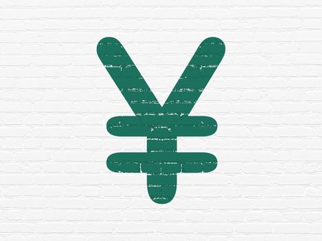 Banking concept: Painted green Yen icon on White Brick wall background