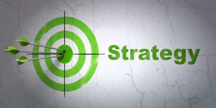 Success finance concept: arrows hitting the center of target, Green Strategy on wall background, 3D rendering