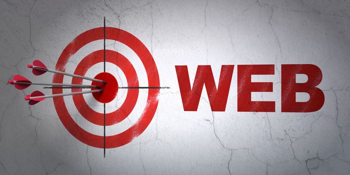 Success web design concept: arrows hitting the center of target, Red Web on wall background, 3D rendering