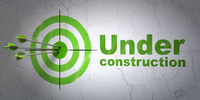 Success web design concept: arrows hitting the center of target, Green Under Construction on wall background, 3D rendering