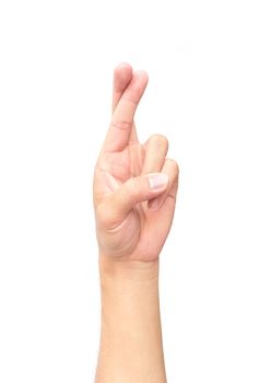 Man hand show finger cross and lie symbol on white background