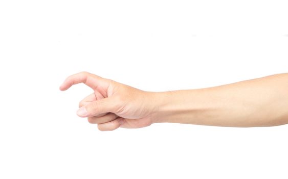 Man hand forefinger with pain on white background, health care and medical concept