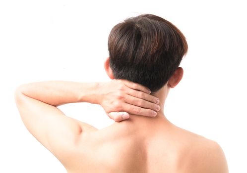 Man neck pain with white background for healthy concept
