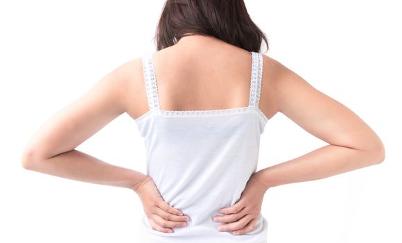Young woman hand holding back with pain on white background, health care and medical concept