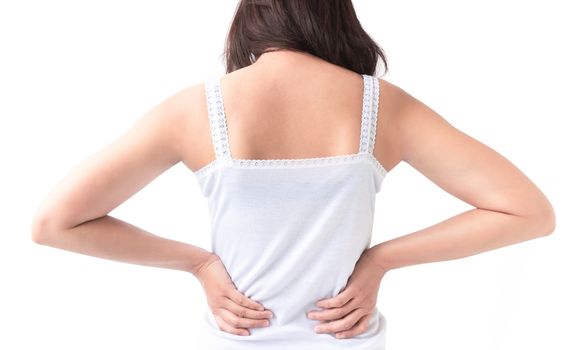 Young woman hand holding back with pain on white background, health care and medical concept