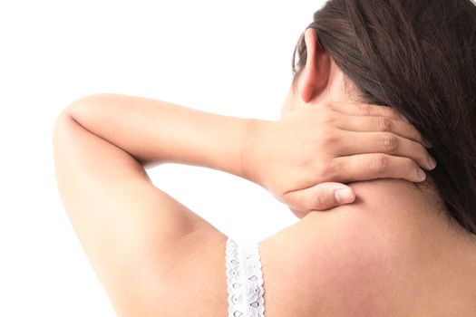 Woman neck pain with white background for healthy concept