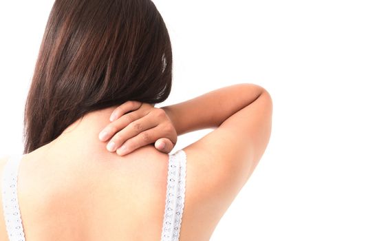 Woman Itching on shoulder or neck pain  with white background for healthy concept