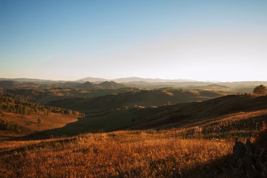 Beauty sunset in the mountains in Altay, panoramic picture