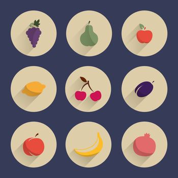  set round icons with fruit. Multi-colored fruit with a long shadow.