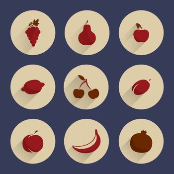  set round icons with fruit. Maroon fruit with long shadow