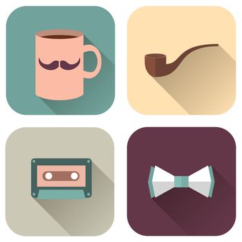  Illustration of Hipsters Accessories. Icons cup with mustache, pipe, audiocassette and bow tie