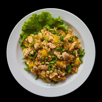 Rice with chicken meat and vegetables