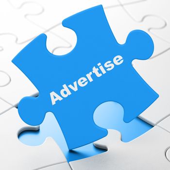 Marketing concept: Advertise on Blue puzzle pieces background, 3D rendering