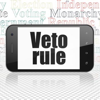 Politics concept: Smartphone with  black text Veto Rule on display,  Tag Cloud background, 3D rendering