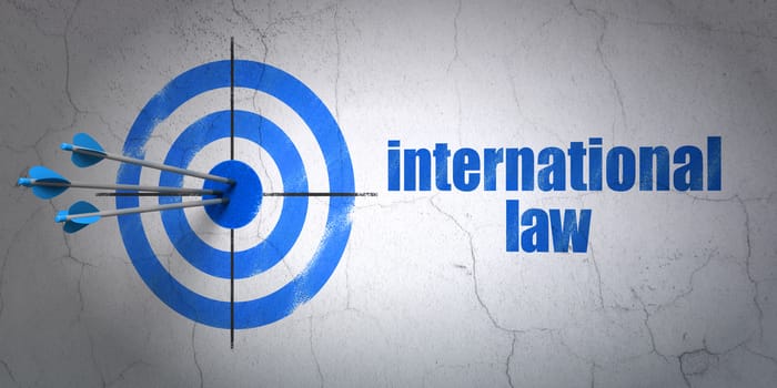 Success politics concept: arrows hitting the center of target, Blue International Law on wall background, 3D rendering