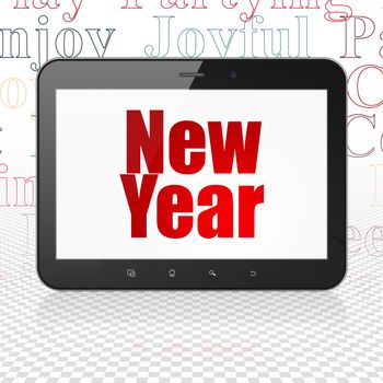 Holiday concept: Tablet Computer with  red text New Year on display,  Tag Cloud background, 3D rendering