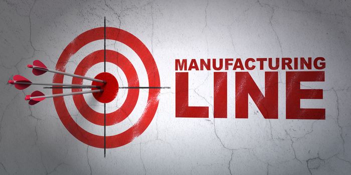 Success Industry concept: arrows hitting the center of target, Red Manufacturing Line on wall background, 3D rendering