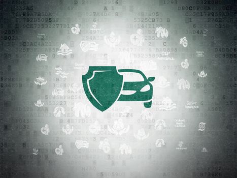 Insurance concept: Painted green Car And Shield icon on Digital Data Paper background with  Hand Drawn Insurance Icons