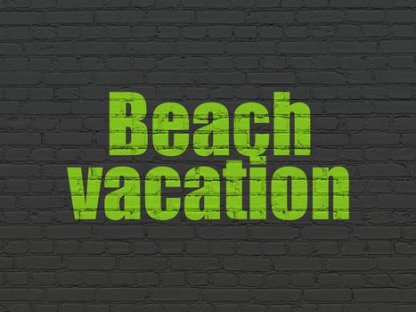 Tourism concept: Painted green text Beach Vacation on Black Brick wall background