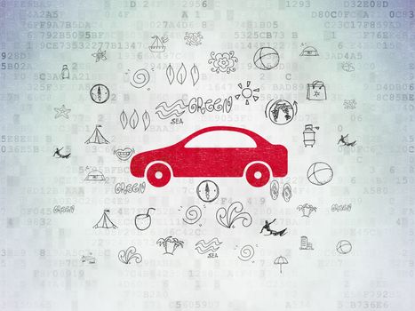 Travel concept: Painted red Car icon on Digital Data Paper background with  Hand Drawn Vacation Icons