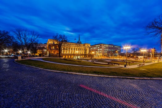 Exterior of classical building at night. Belgrade Serbia