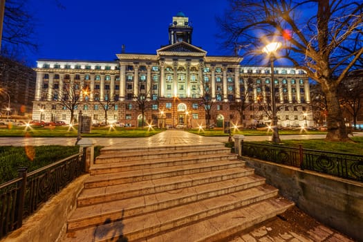 Exterior of classical building at night. Belgrade Serbia