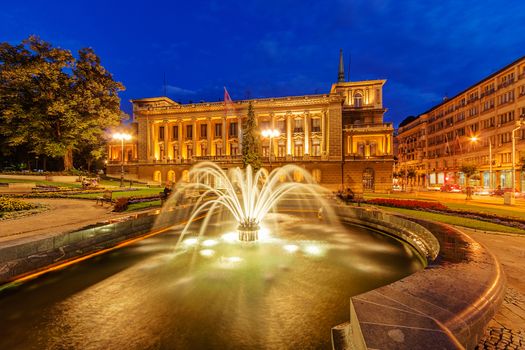 Exterior of classical building at night. Belgrade Serbia