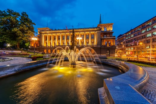 Exterior of classical building at night. Belgrade Serbia