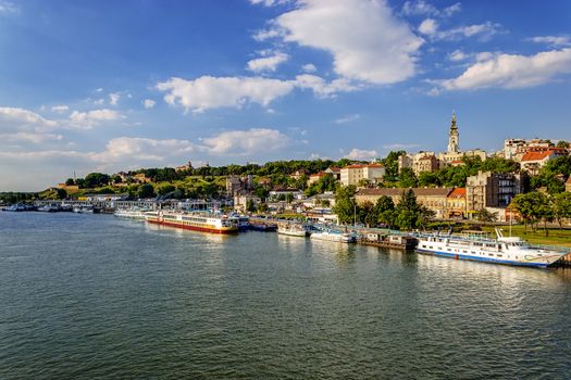 Belgrade from river Sava with tourist riverboats on a sunny day