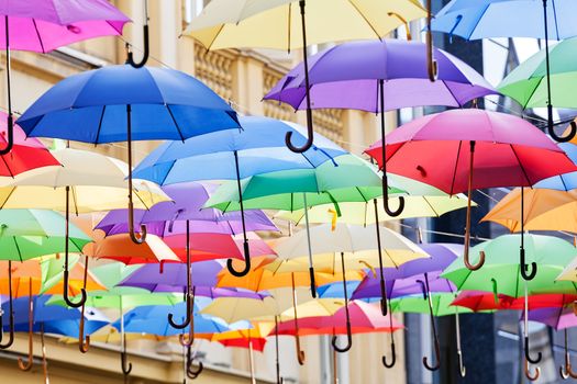 street decoration with colorful open umbrellas at old part of Belgrade, Serbia