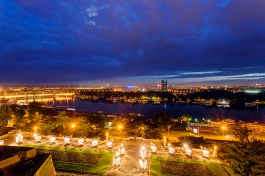 View from belgrade fortress and Kalemegdan park with dramatic clouds 