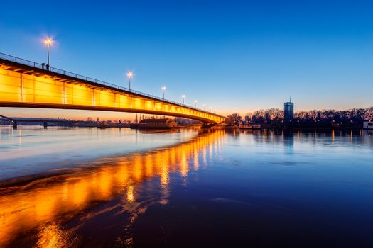 Bridge across river at night with artificial lightning, Belgrade Serbia